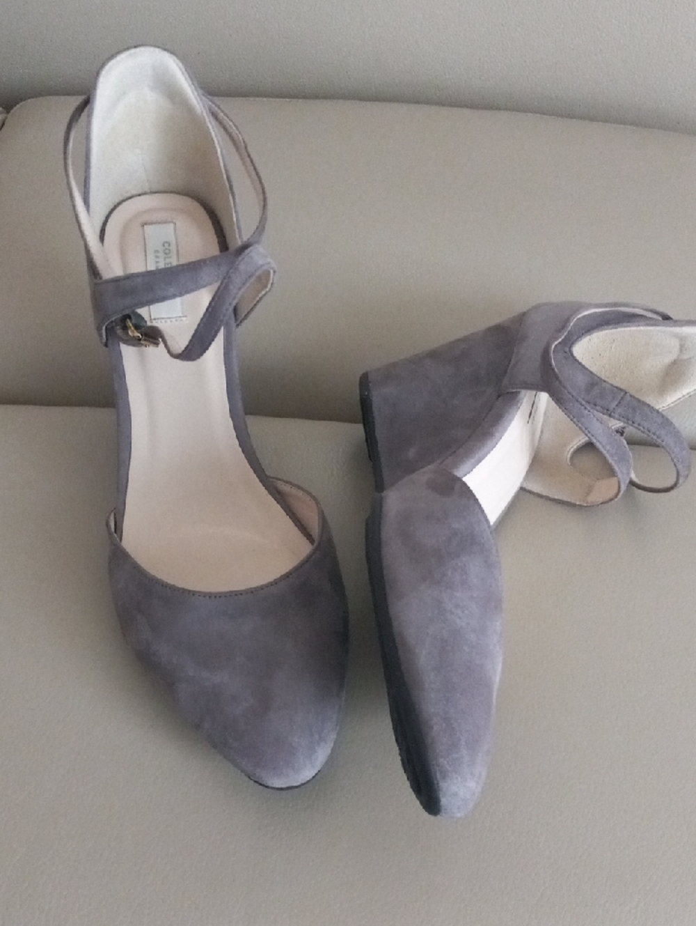 Cole Haan Gray Suede Architectural Wedge Heels with Buckled Ankle Strap Size 7.5 - Picture 10 of 16